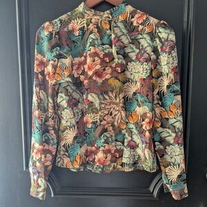 Vtg 90's Tropical Floral High Neck Blouse Long Sleeve Button Back Womens Sz L